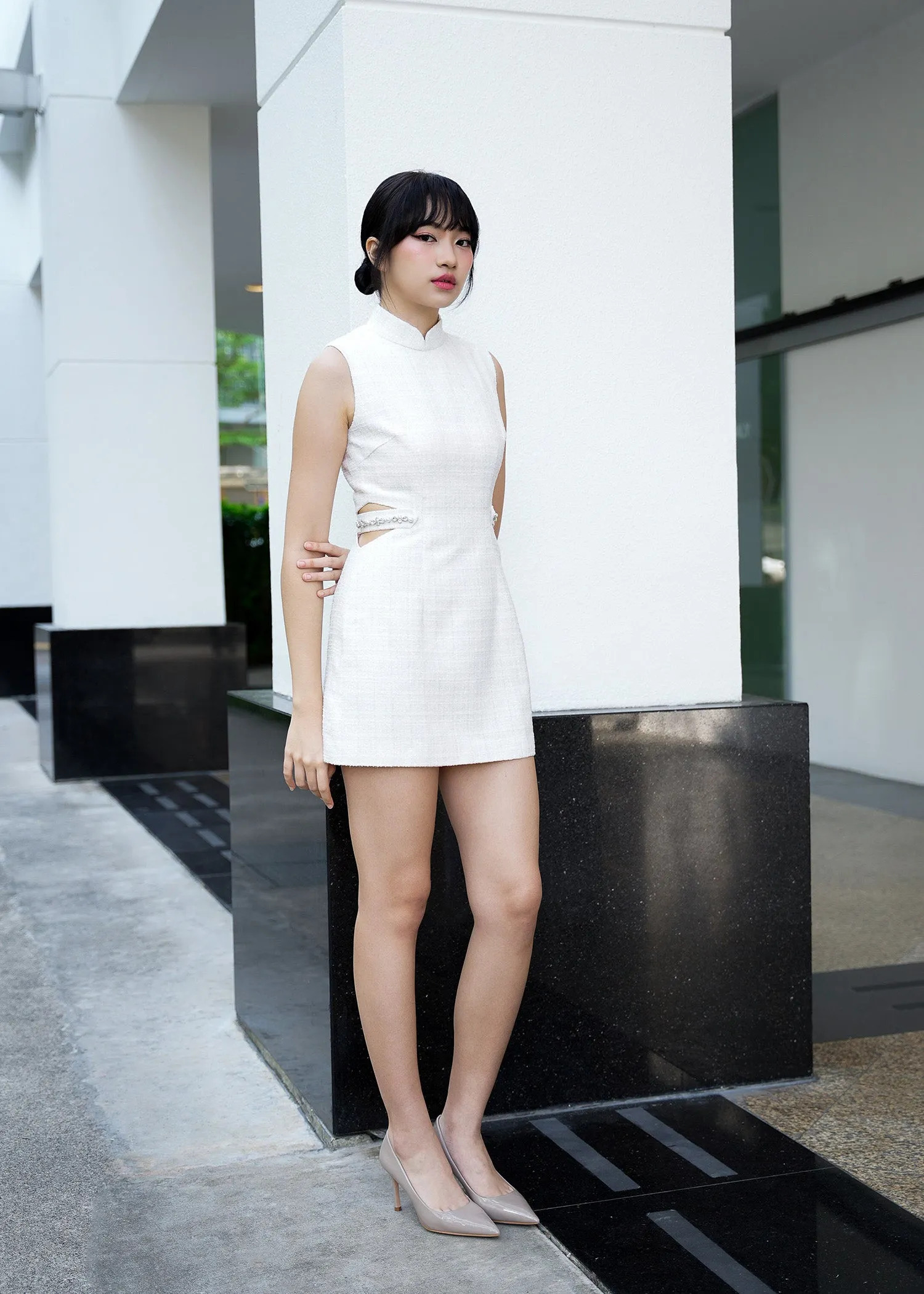 Gardenia Tweed Cut-out Mini Qipao