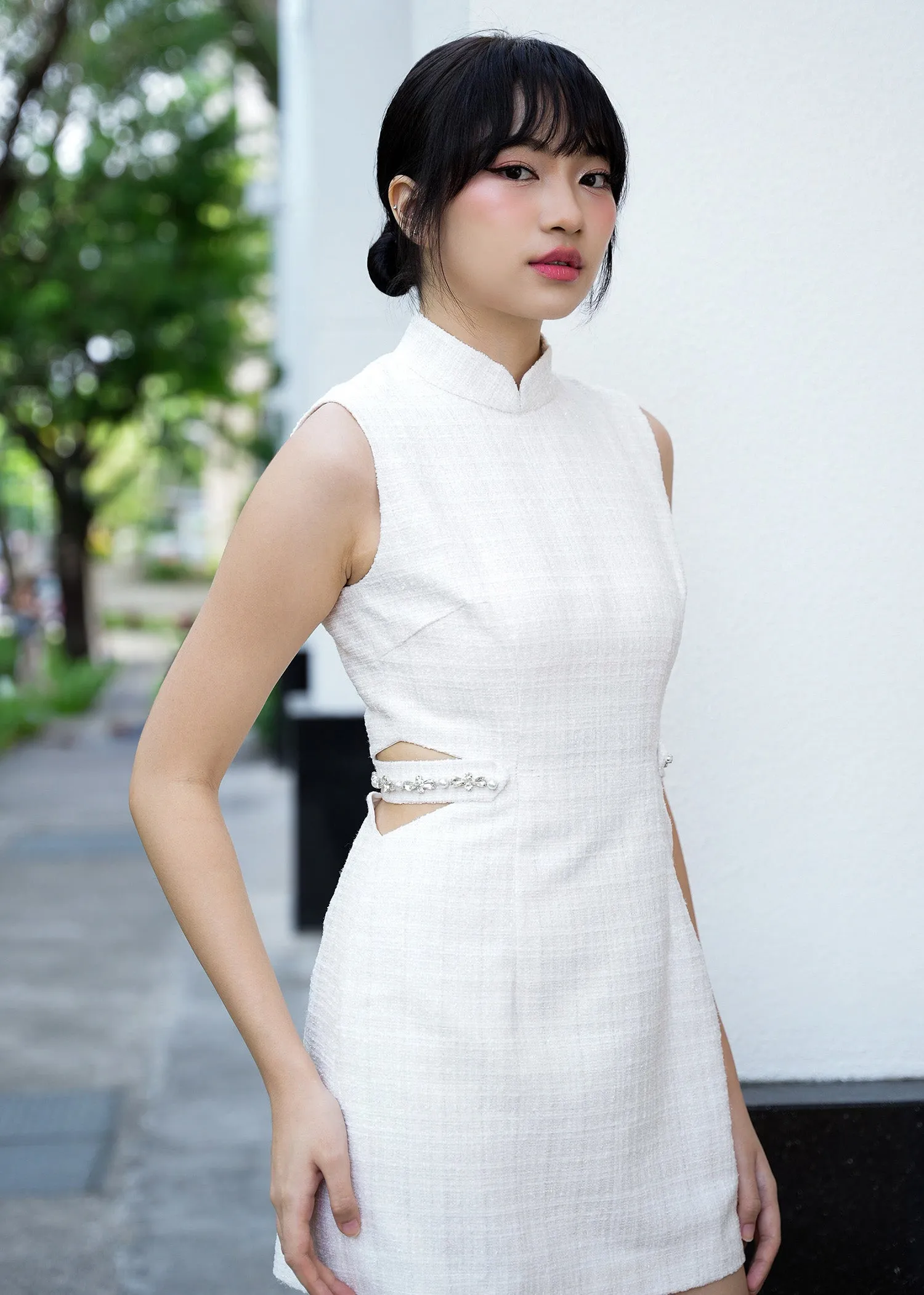 Gardenia Tweed Cut-out Mini Qipao