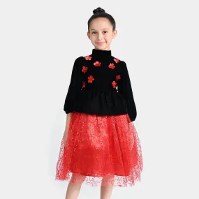 Girls Velvet & Net Fancy Frock Sequence-B.Red