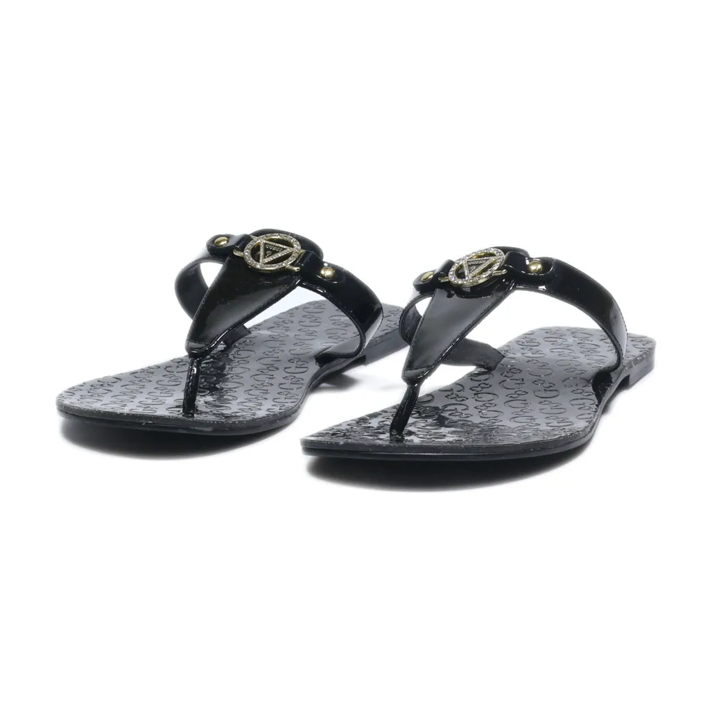 Guess Flat Sandals Leather Black Colour For Women