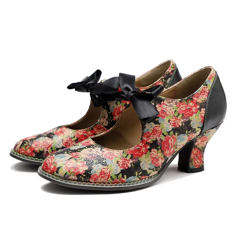 Handmade Leather Flowers Mary Jane Shoes 50mm Block Heel