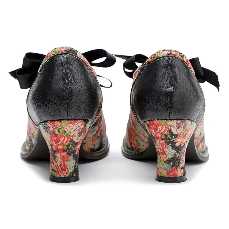 Handmade Leather Flowers Mary Jane Shoes 50mm Block Heel