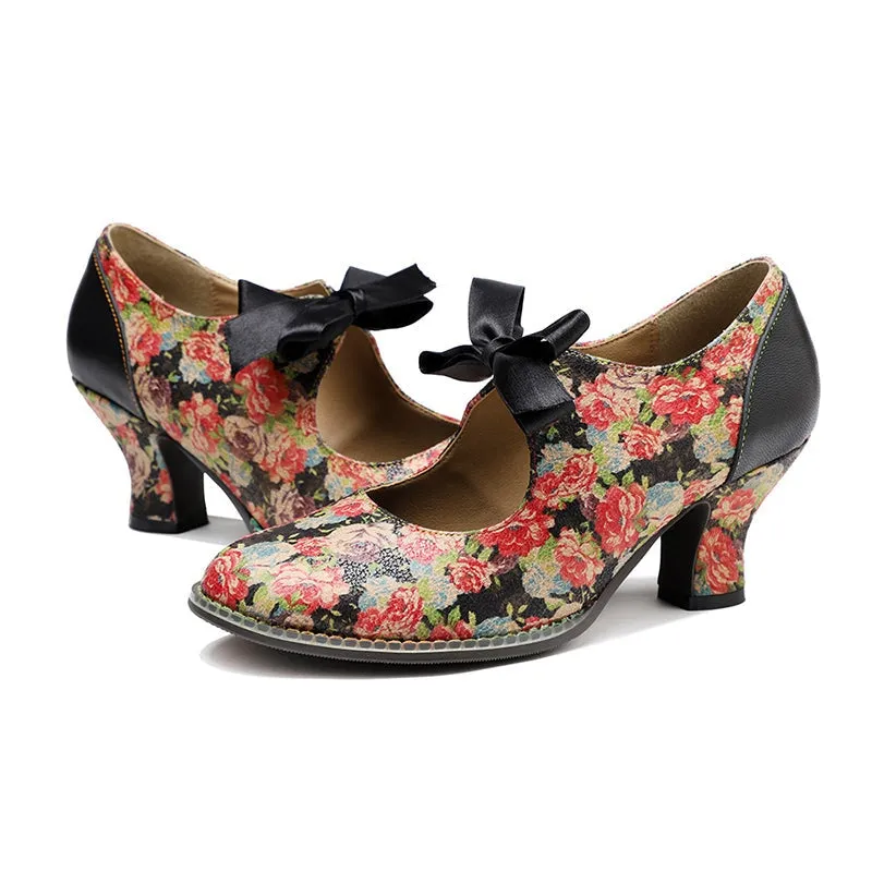 Handmade Leather Flowers Mary Jane Shoes 50mm Block Heel