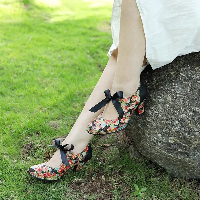 Handmade Leather Flowers Mary Jane Shoes 50mm Block Heel