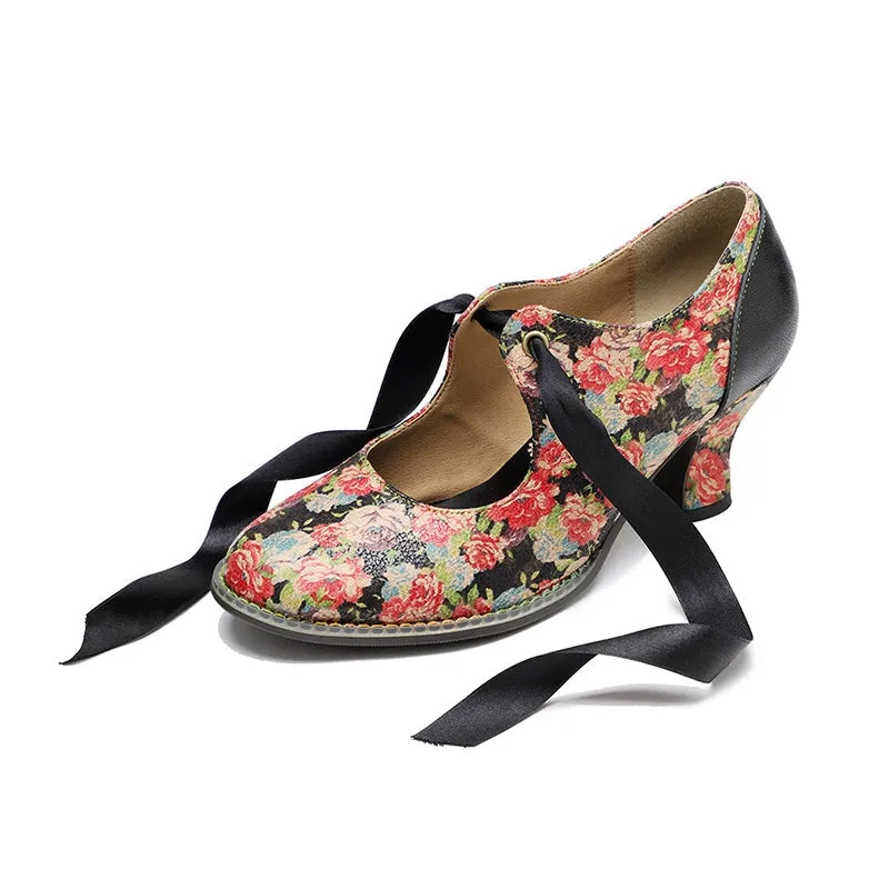 Handmade Leather Flowers Mary Jane Shoes 50mm Block Heel