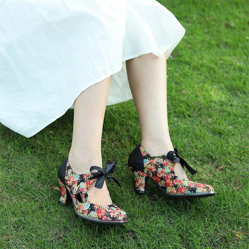 Handmade Leather Flowers Mary Jane Shoes 50mm Block Heel