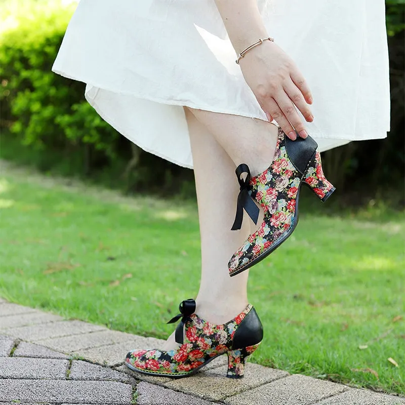 Handmade Leather Flowers Mary Jane Shoes 50mm Block Heel