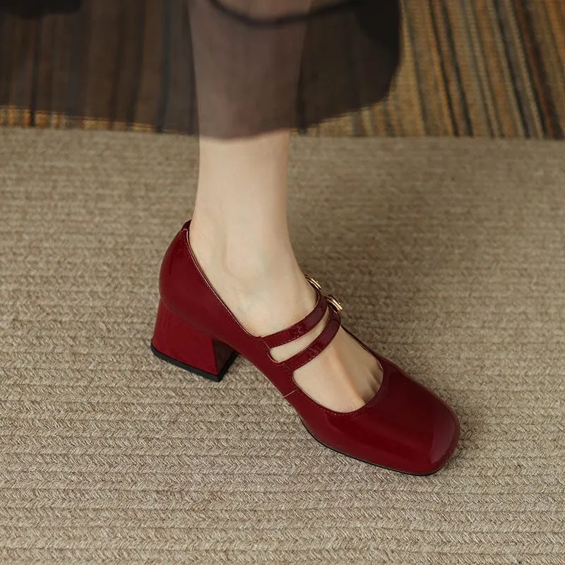 Handmade Leather Mary Jane Pumps Strappy Block Heel Office Shoes in Red/Black