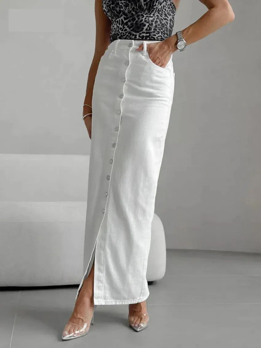 High-Waist Button-Up Midi-Maxi Skirt in Cotton