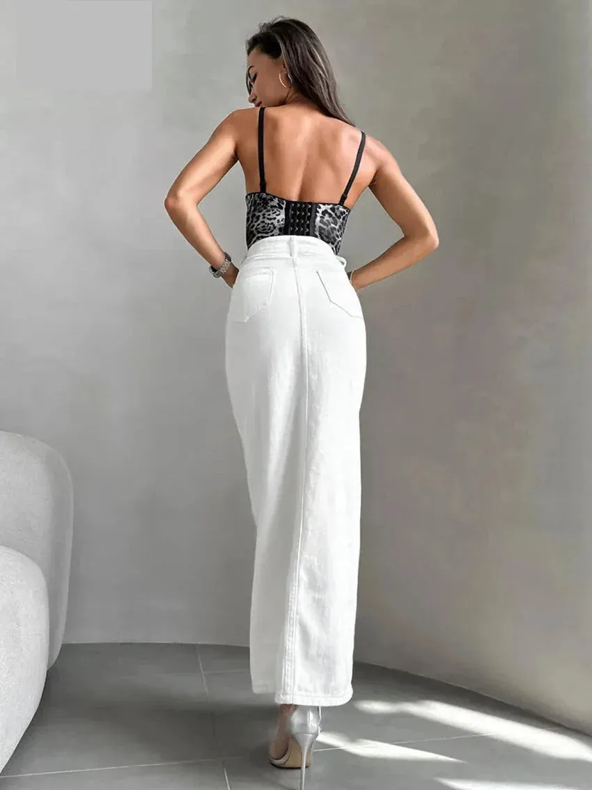 High-Waist Button-Up Midi-Maxi Skirt in Cotton