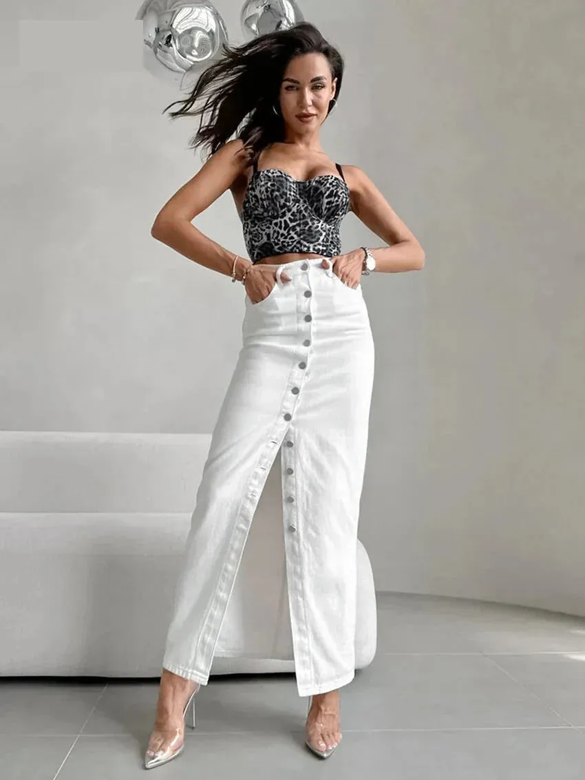 High-Waist Button-Up Midi-Maxi Skirt in Cotton