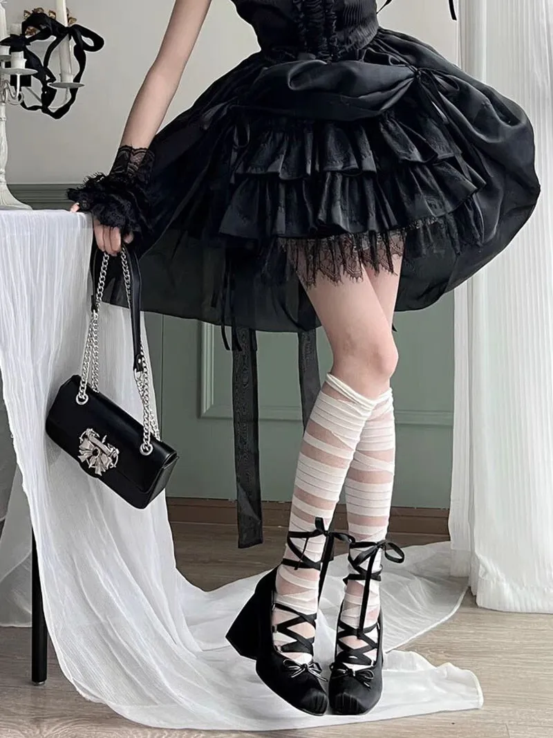 Kawaii Balletcore Coquette Dollette Aesthetic Square Toe Chunky Heel Satin Pumps