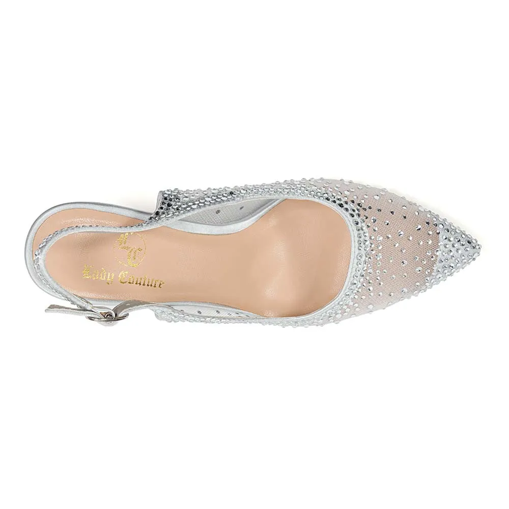 Lady Couture Lola Silver Embellished Pointed Toe Slingback Pump with 3" Heel"