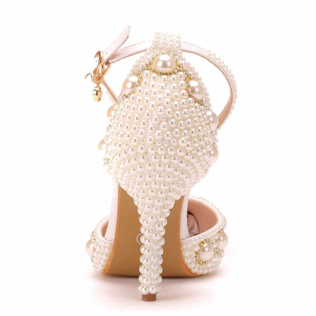 Luxury Pearl Embellished Ankle Strap Pointed Toe Stiletto Sandals - Beige