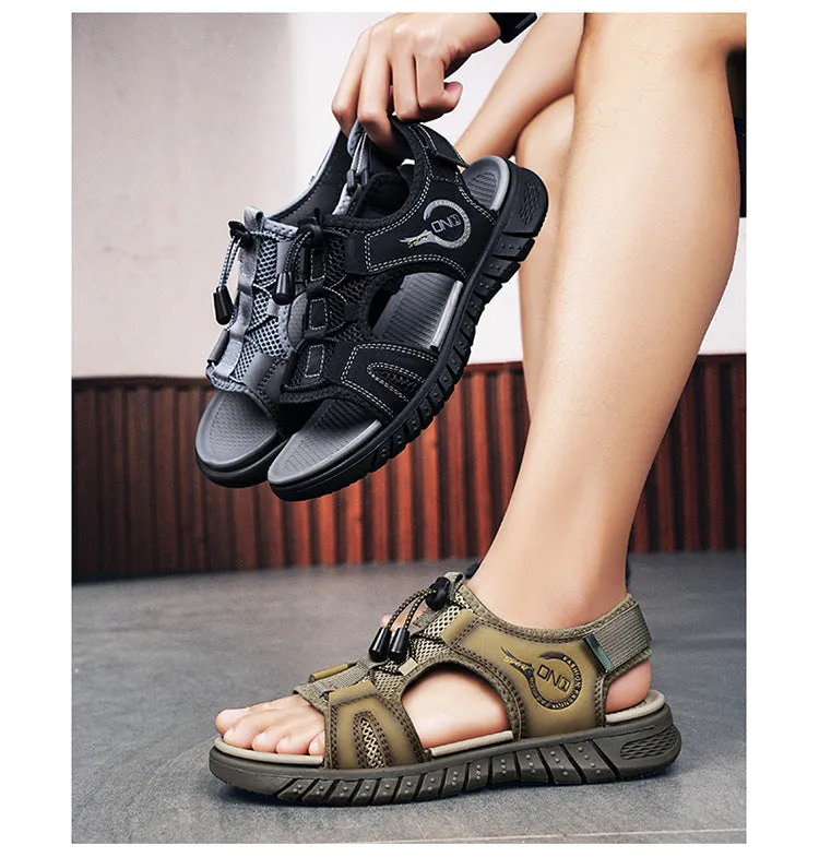 Men's Casual Leather Sandal with Open Toe Adjustable Strap