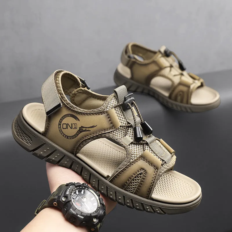 Men's Casual Leather Sandal with Open Toe Adjustable Strap