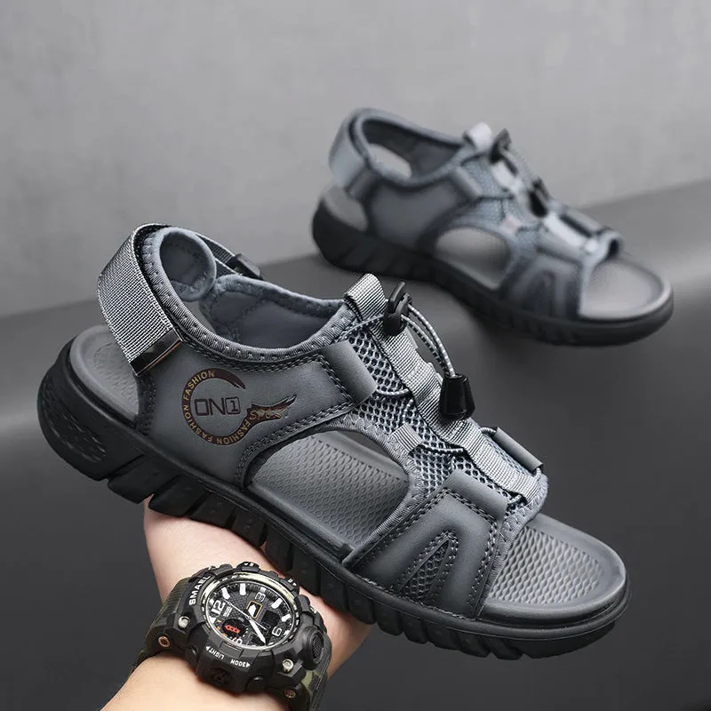 Men's Casual Leather Sandal with Open Toe Adjustable Strap