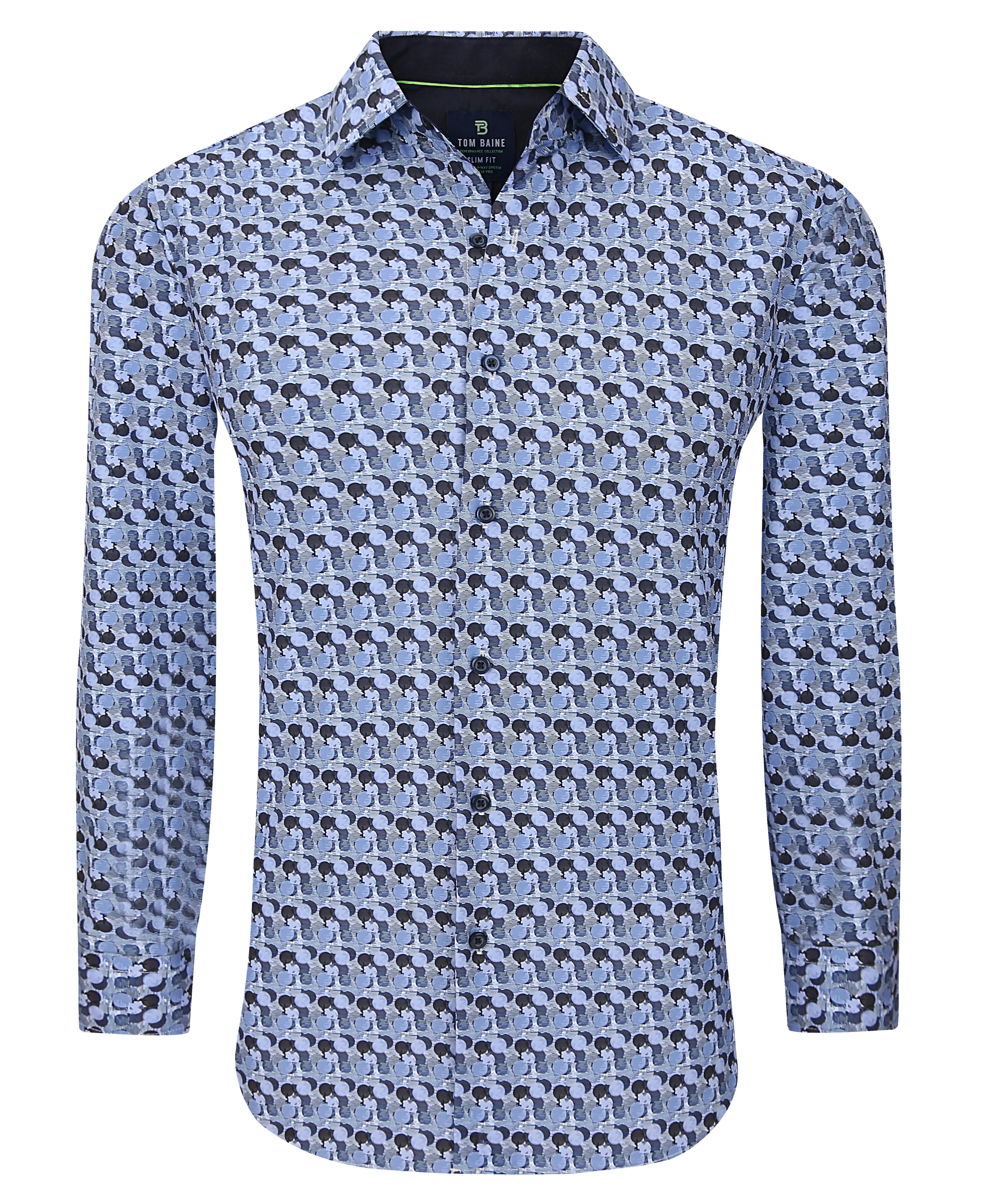 Men's Slim Fit Performance Long Sleeve Printed Blue Shirt