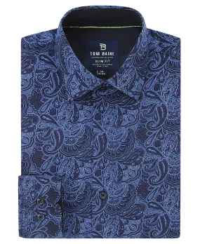 Men's Slim Fit Performance Long Sleeve Printed Shirt Blue