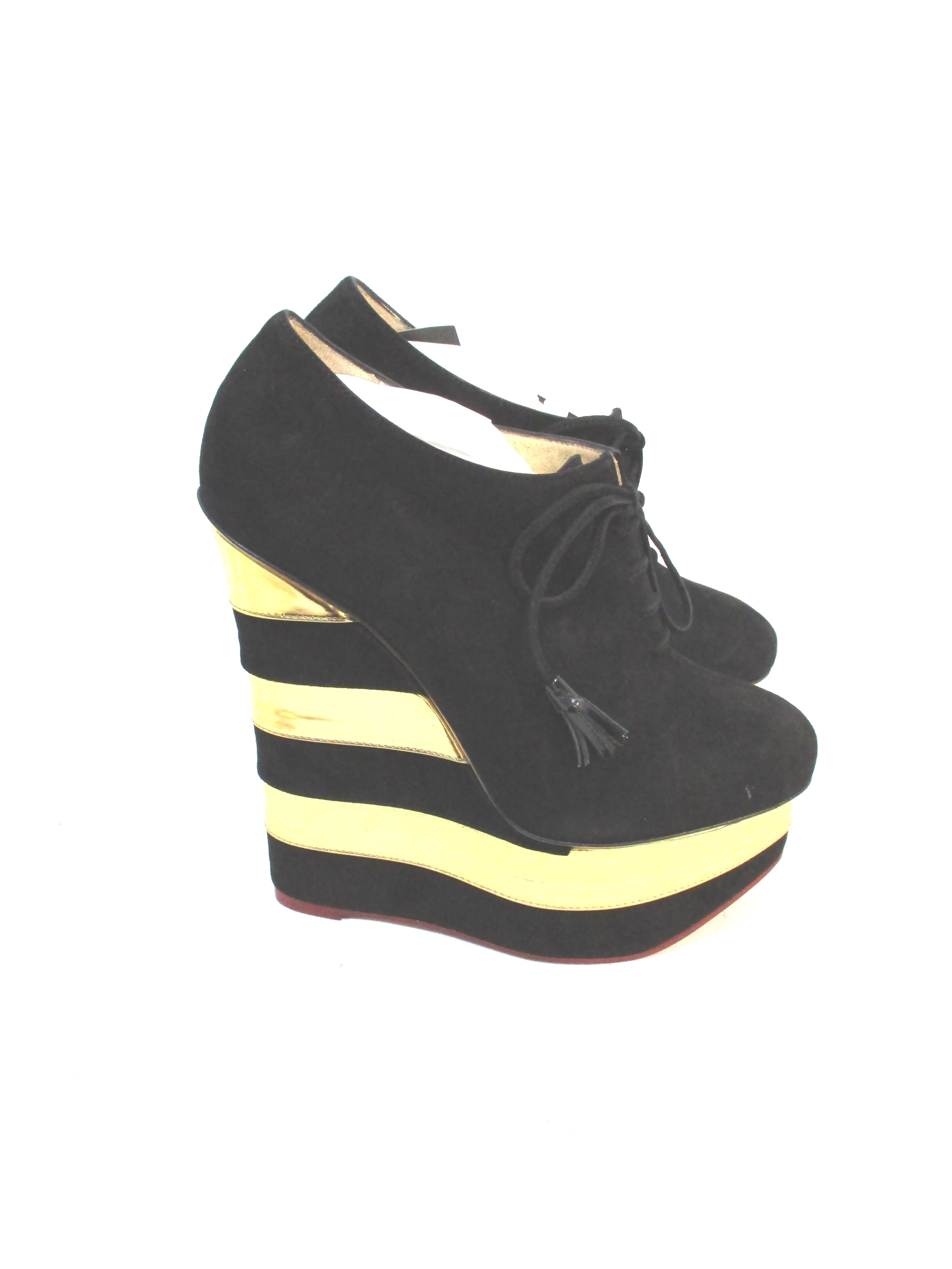 NEW CHARLOTTE OLYMPIA MARTHA STRIPES WEDGE Shoe 36.5 Platform BLACK GOLD