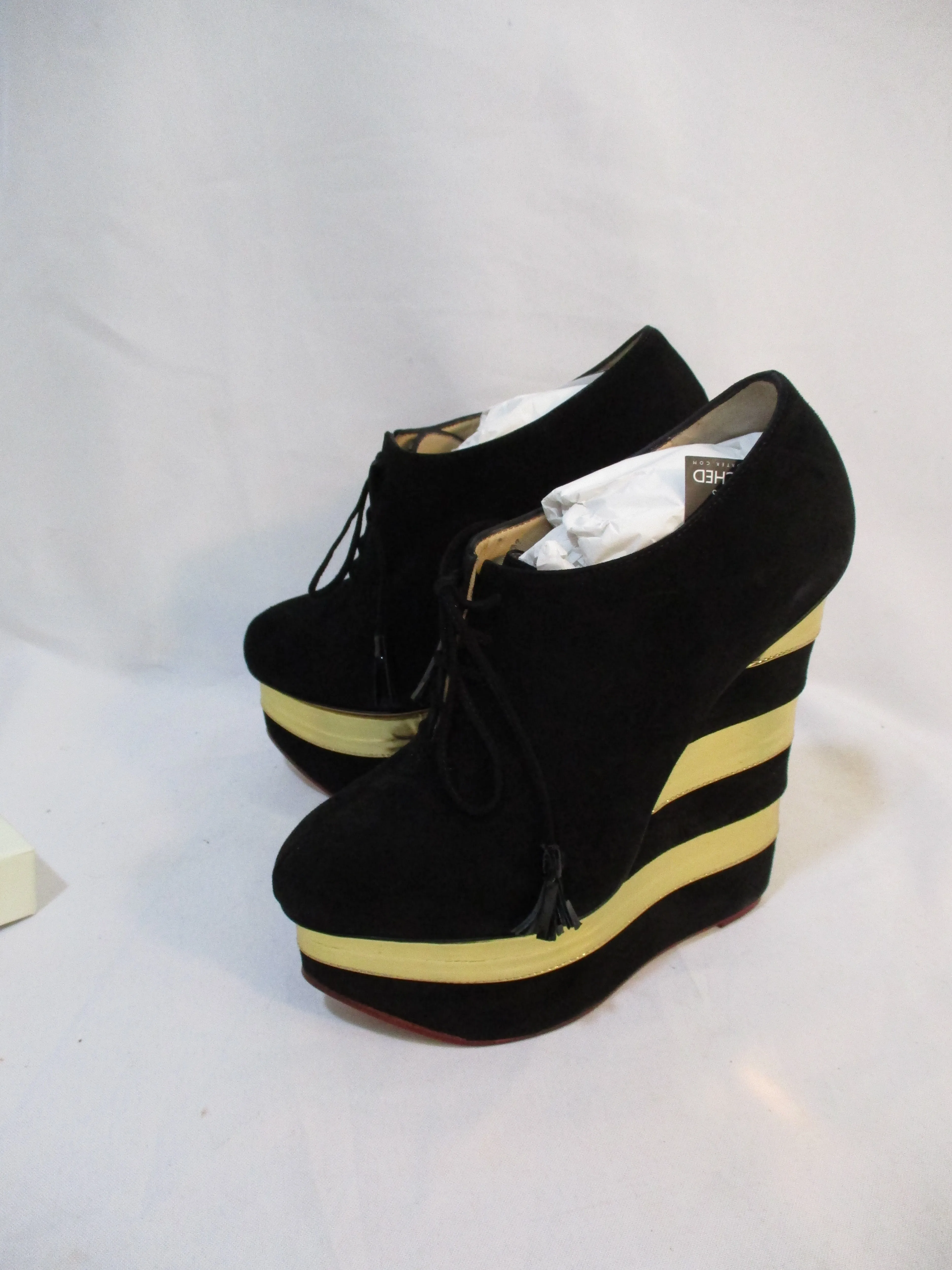 NEW CHARLOTTE OLYMPIA MARTHA STRIPES WEDGE Shoe 36.5 Platform BLACK GOLD