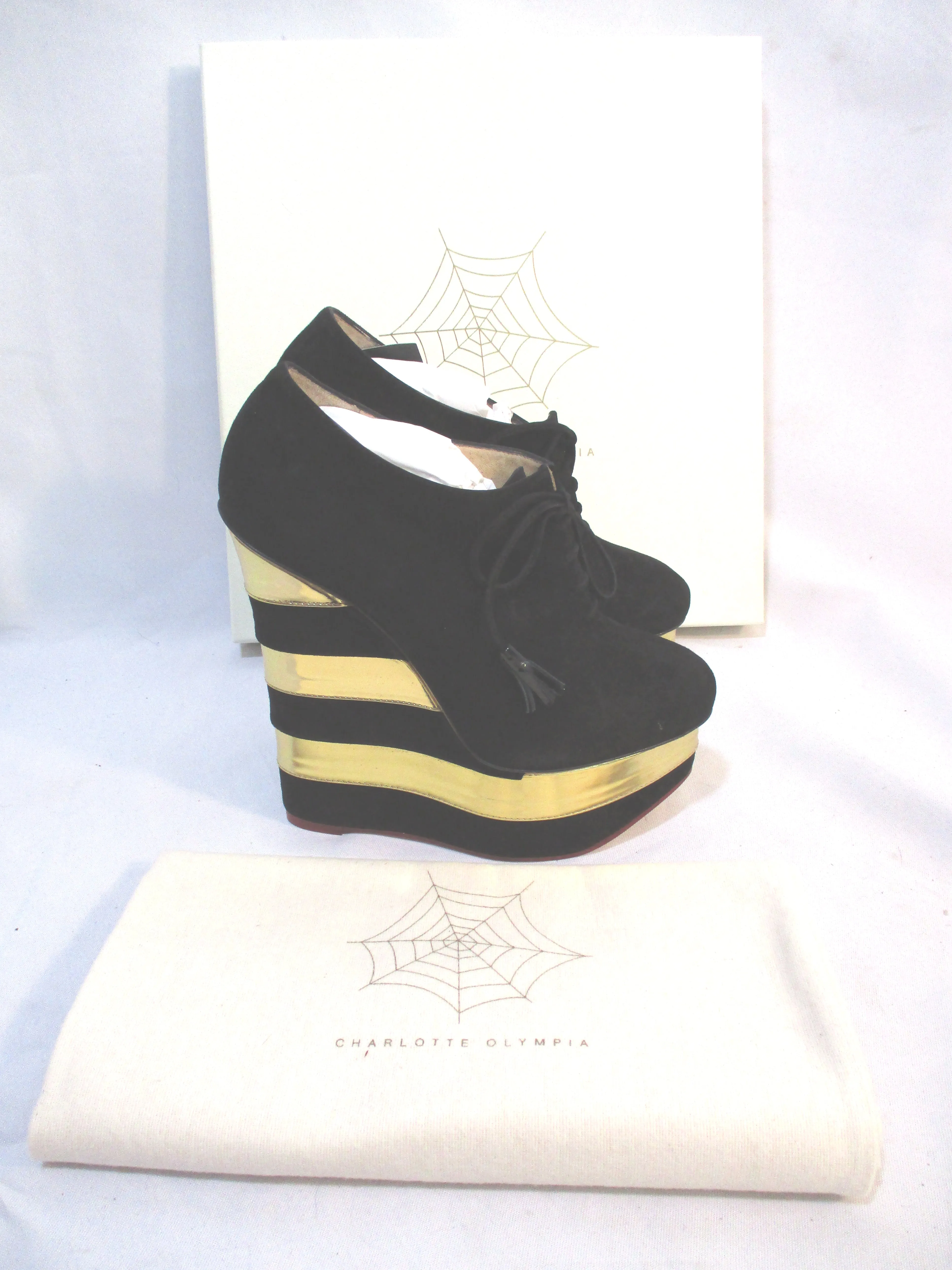 NEW CHARLOTTE OLYMPIA MARTHA STRIPES WEDGE Shoe 36.5 Platform BLACK GOLD