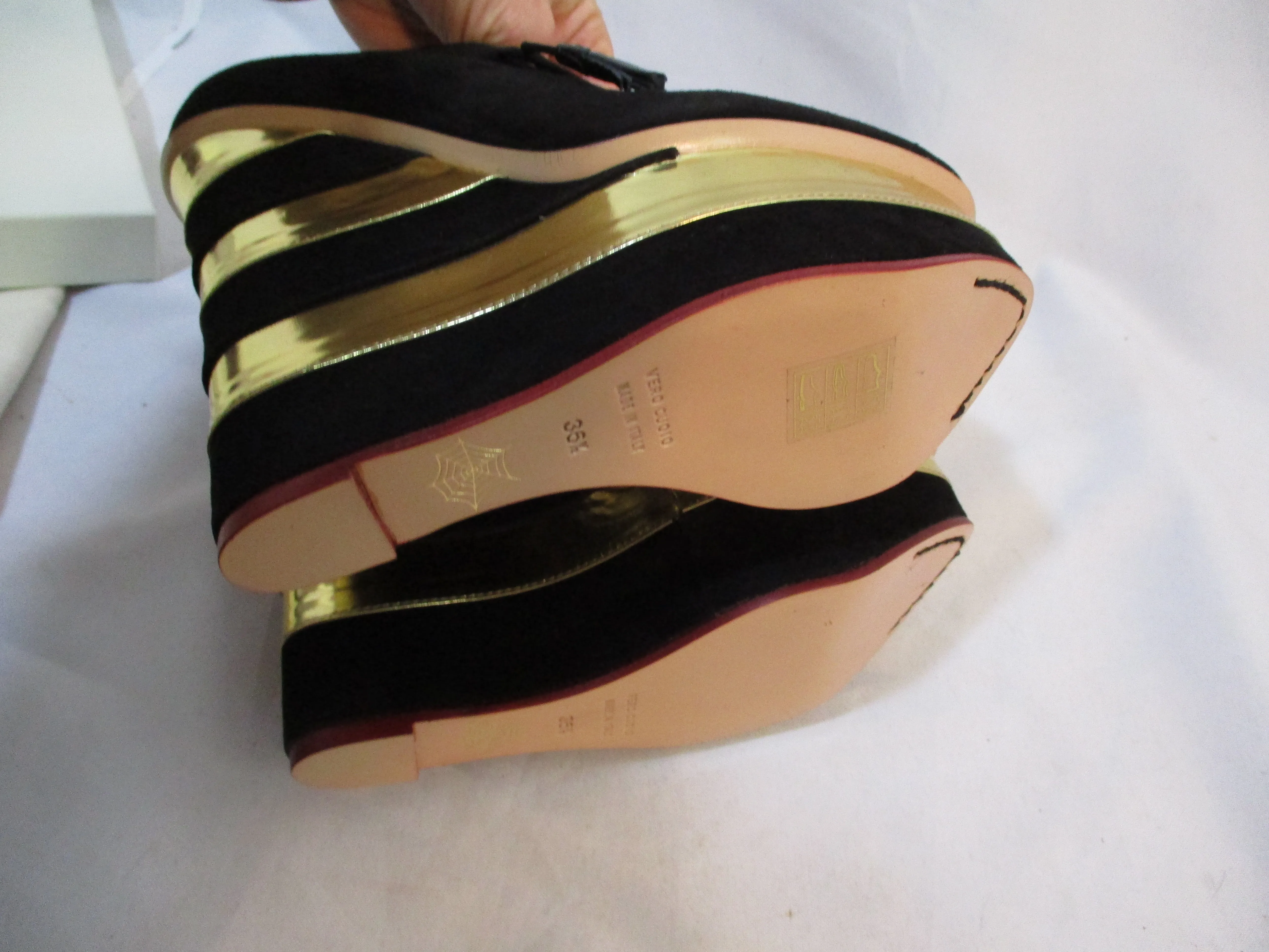 NEW CHARLOTTE OLYMPIA MARTHA STRIPES WEDGE Shoe 36.5 Platform BLACK GOLD