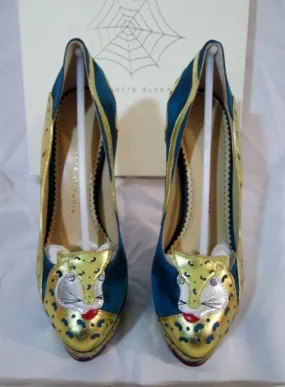 NEW CHARLOTTE OLYMPIA NINIVAH PUMP LEOPARD Shoe 36.5 6 BLUE GOLD Platform