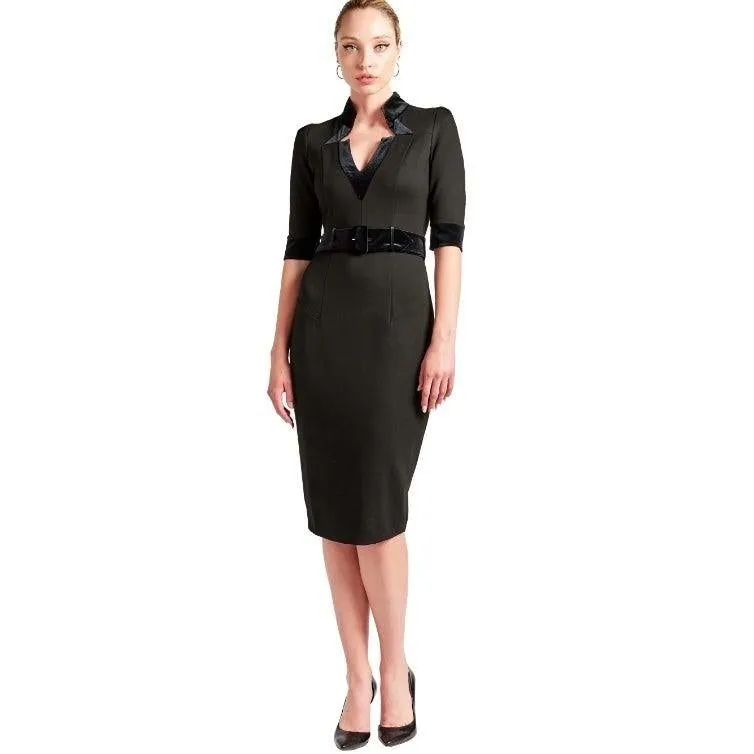 Nicola Sheath Dress - Notch neck Ponte dress with elbow sleeves