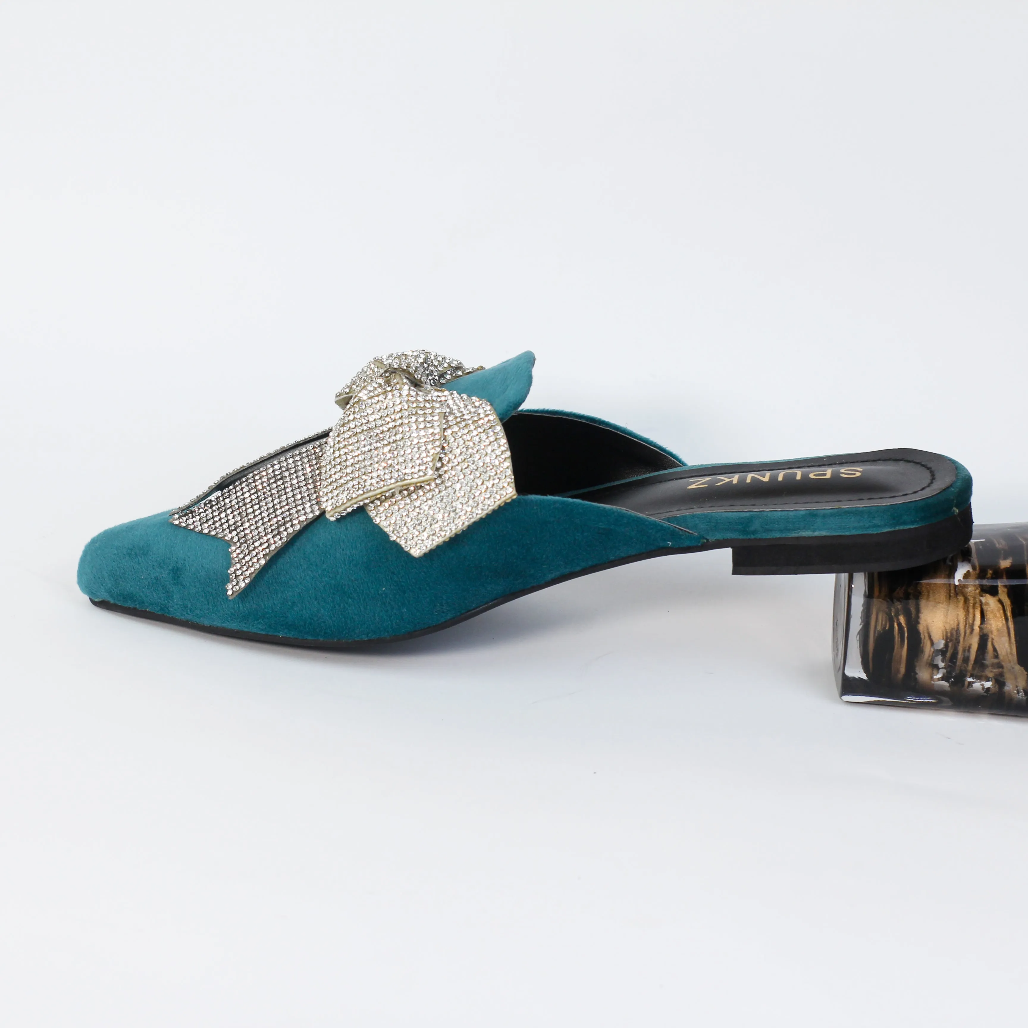 Nile Rhinestone Bow Aqua Pointed Toe Flat Mules