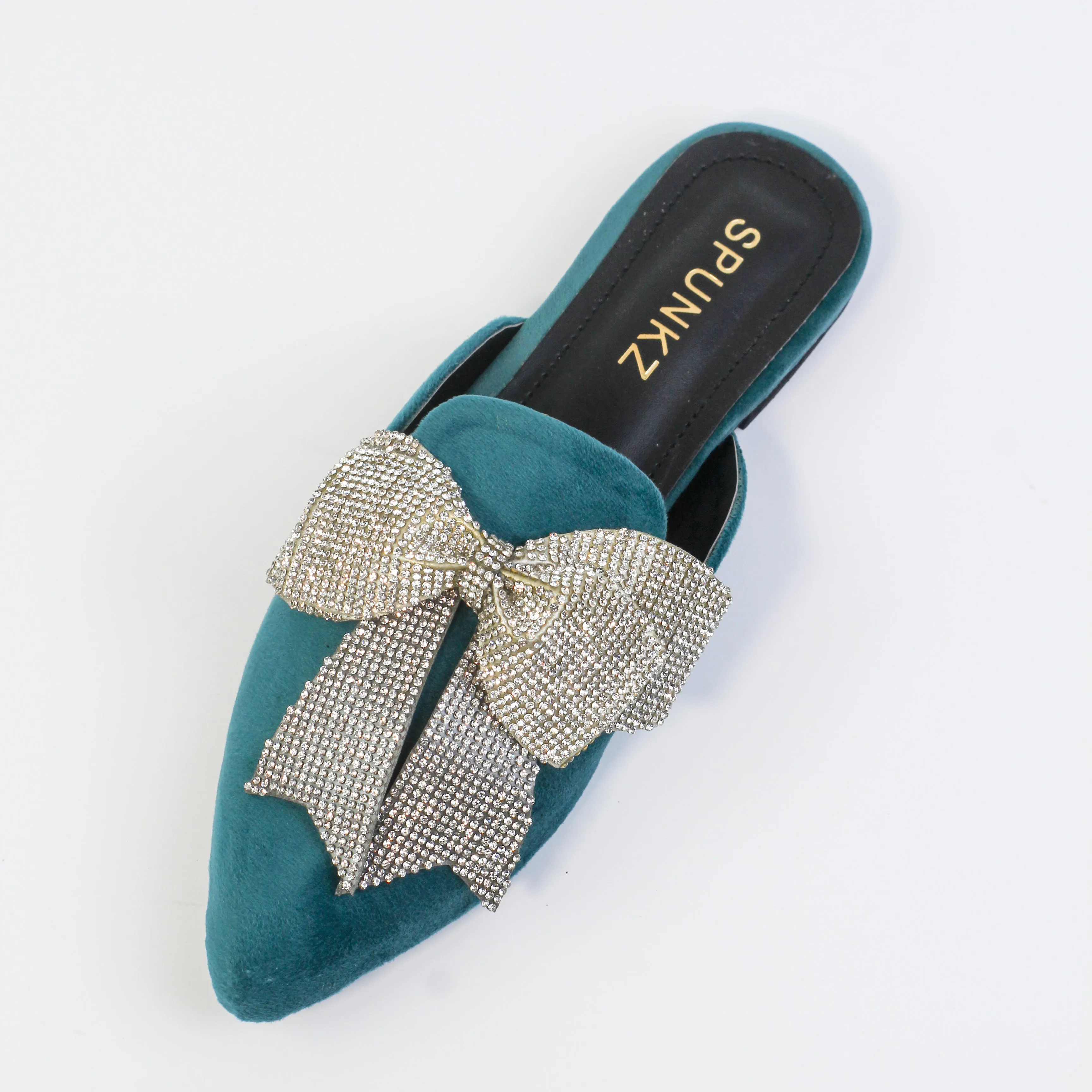 Nile Rhinestone Bow Aqua Pointed Toe Flat Mules