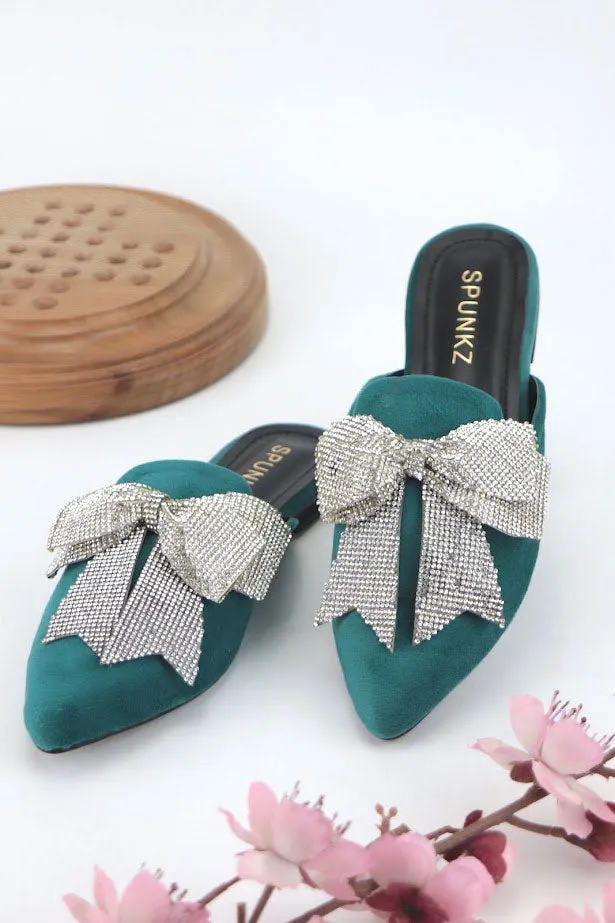 Nile Rhinestone Bow Aqua Pointed Toe Flat Mules