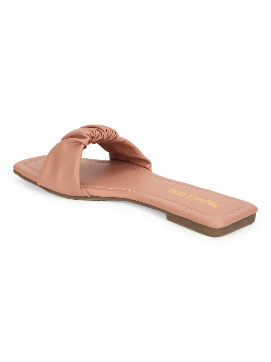 Nude PU Wrinkled Strap Slip Ons