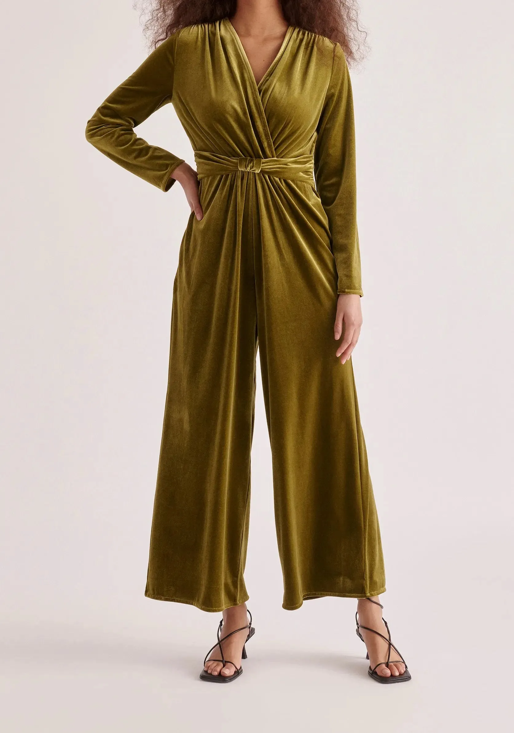 Olive Velvet Knot-Waist Jumpsuit