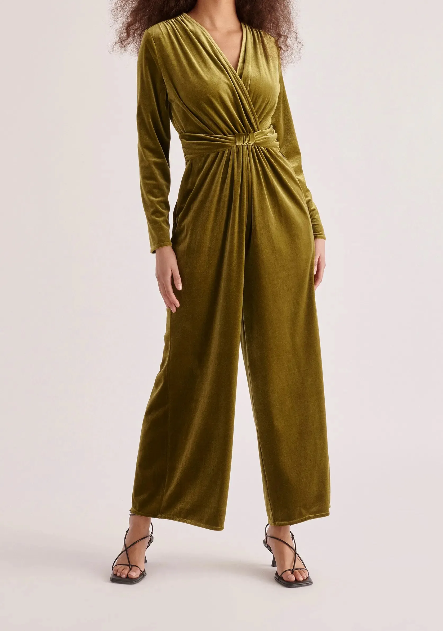 Olive Velvet Knot-Waist Jumpsuit