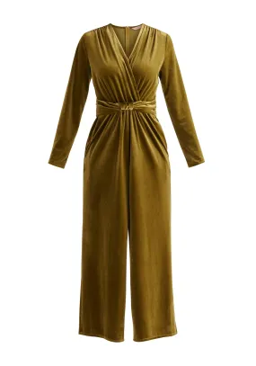 Olive Velvet Knot-Waist Jumpsuit