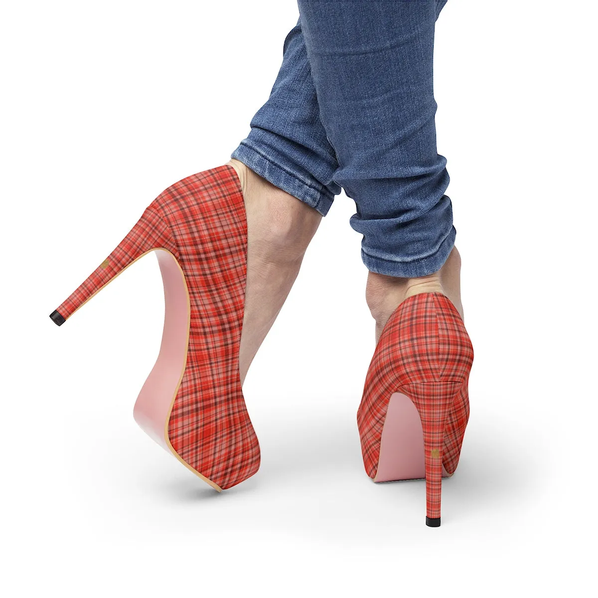 Orange Red Tartan Scottish Plaid Print Women's Platform Heels Stiletto Pumps Shoes