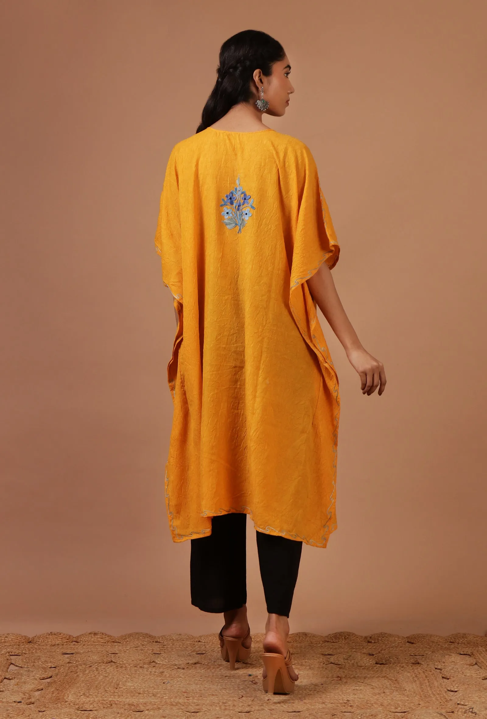 Orange Yellow Cotton Crush Ari Embroidered Kaftan- Free Size