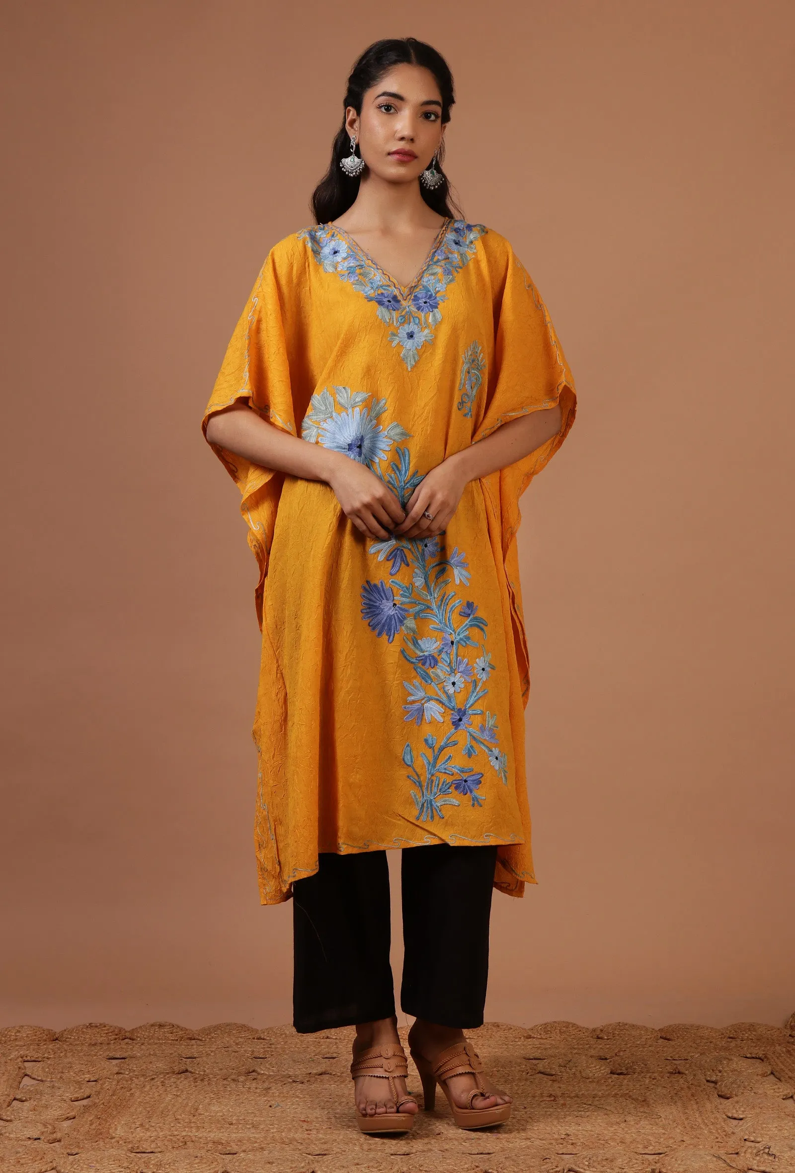 Orange Yellow Cotton Crush Ari Embroidered Kaftan- Free Size