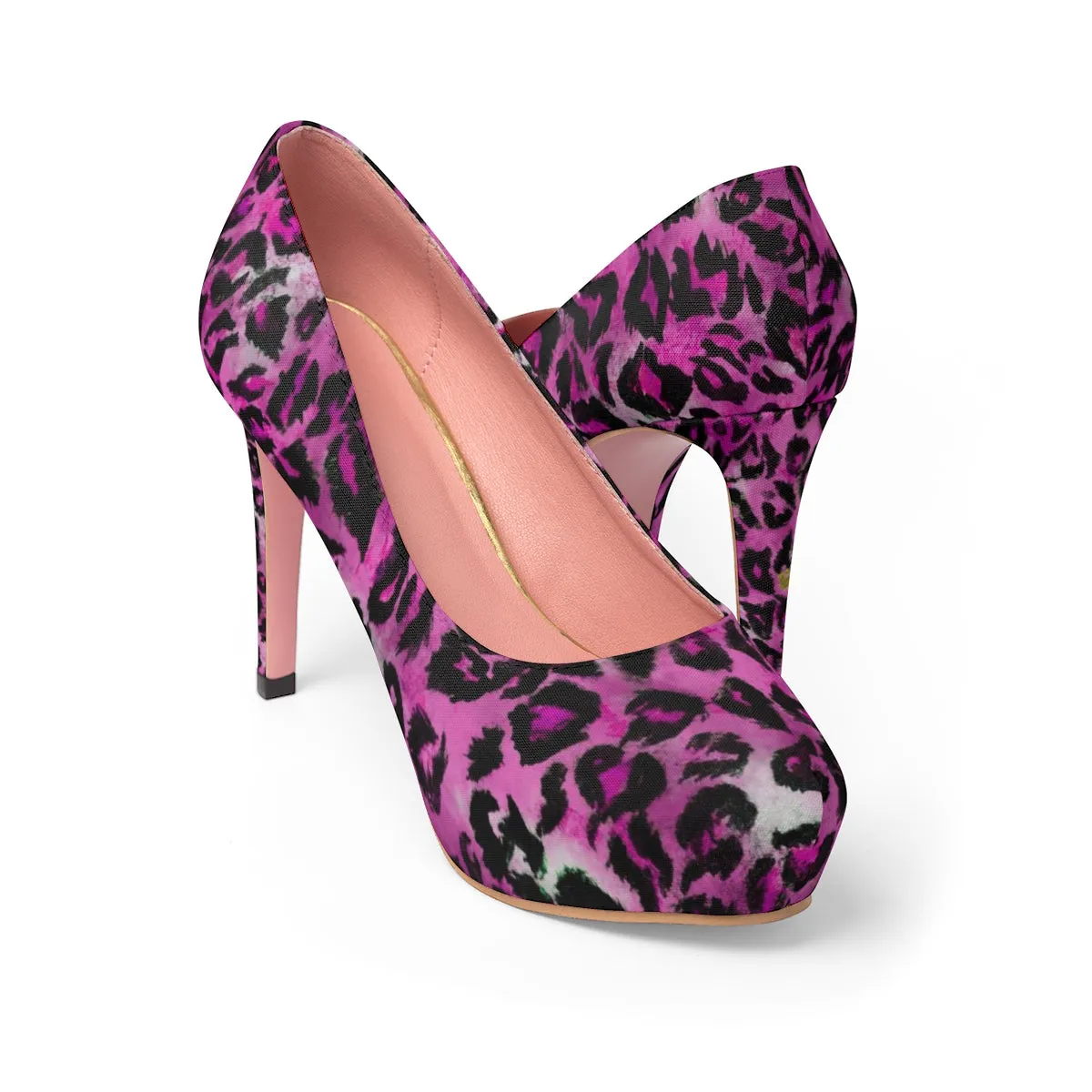 Pink Leopard Heels, Designer Animal Print Women's Platform Heels Pumps (US Size: 5-11)