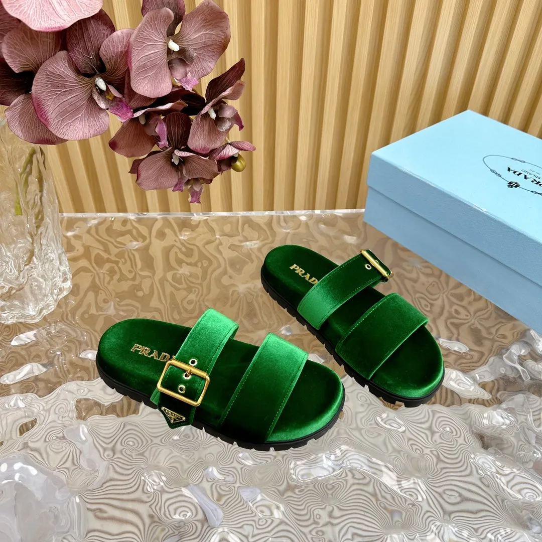 PRA SLIDES SANDALS DARK GREEN VELVET