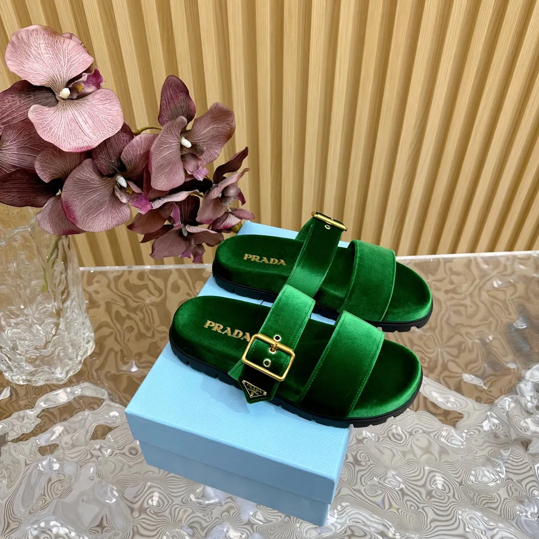 PRA SLIDES SANDALS DARK GREEN VELVET