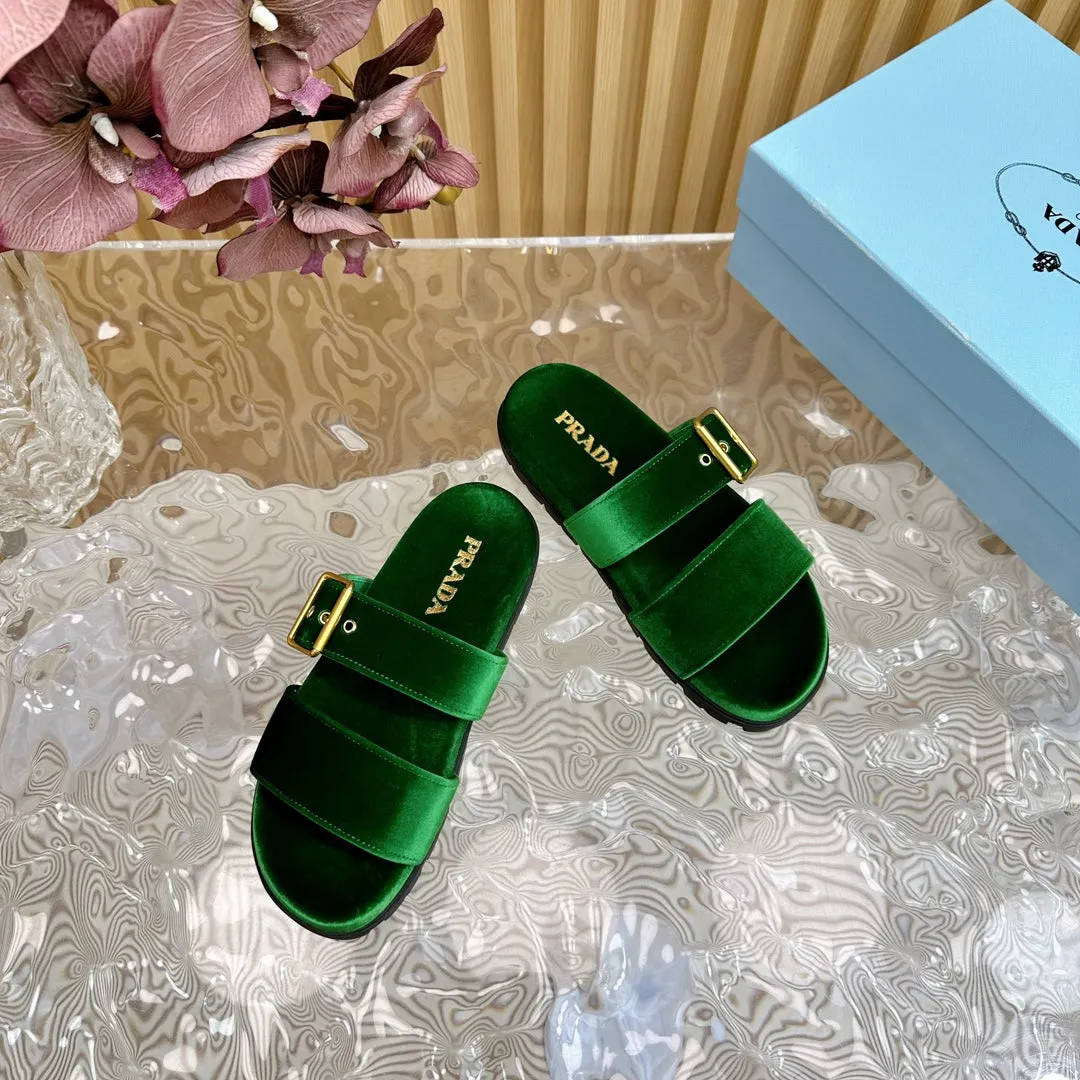 PRA SLIDES SANDALS DARK GREEN VELVET