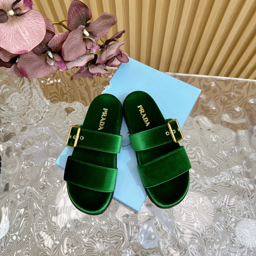 PRA SLIDES SANDALS DARK GREEN VELVET