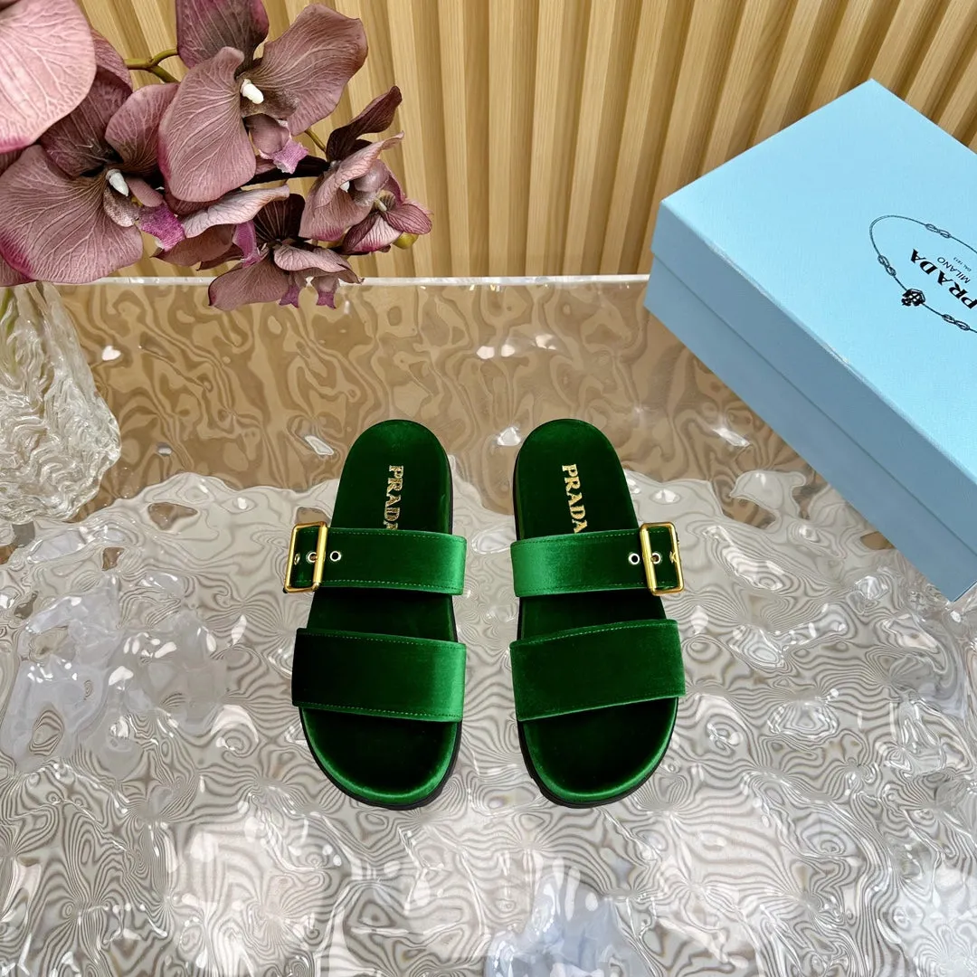 PRA SLIDES SANDALS DARK GREEN VELVET