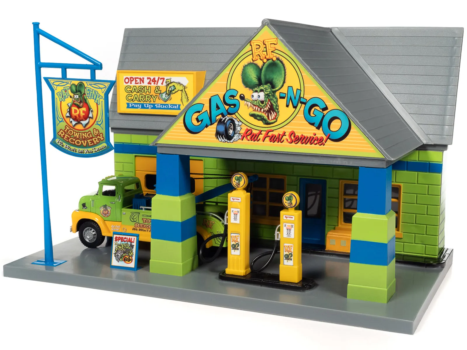 "Rat Fink Towing & Recovery" Garage and Tow Truck Diorama Set for 1/32 Scale Models by Auto World