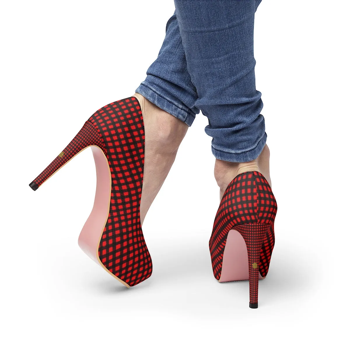 Red Black Buffalo Print Pumps, Plaid Print Women's Platform Heels Stiletto Pumps (US Size: 5-11)