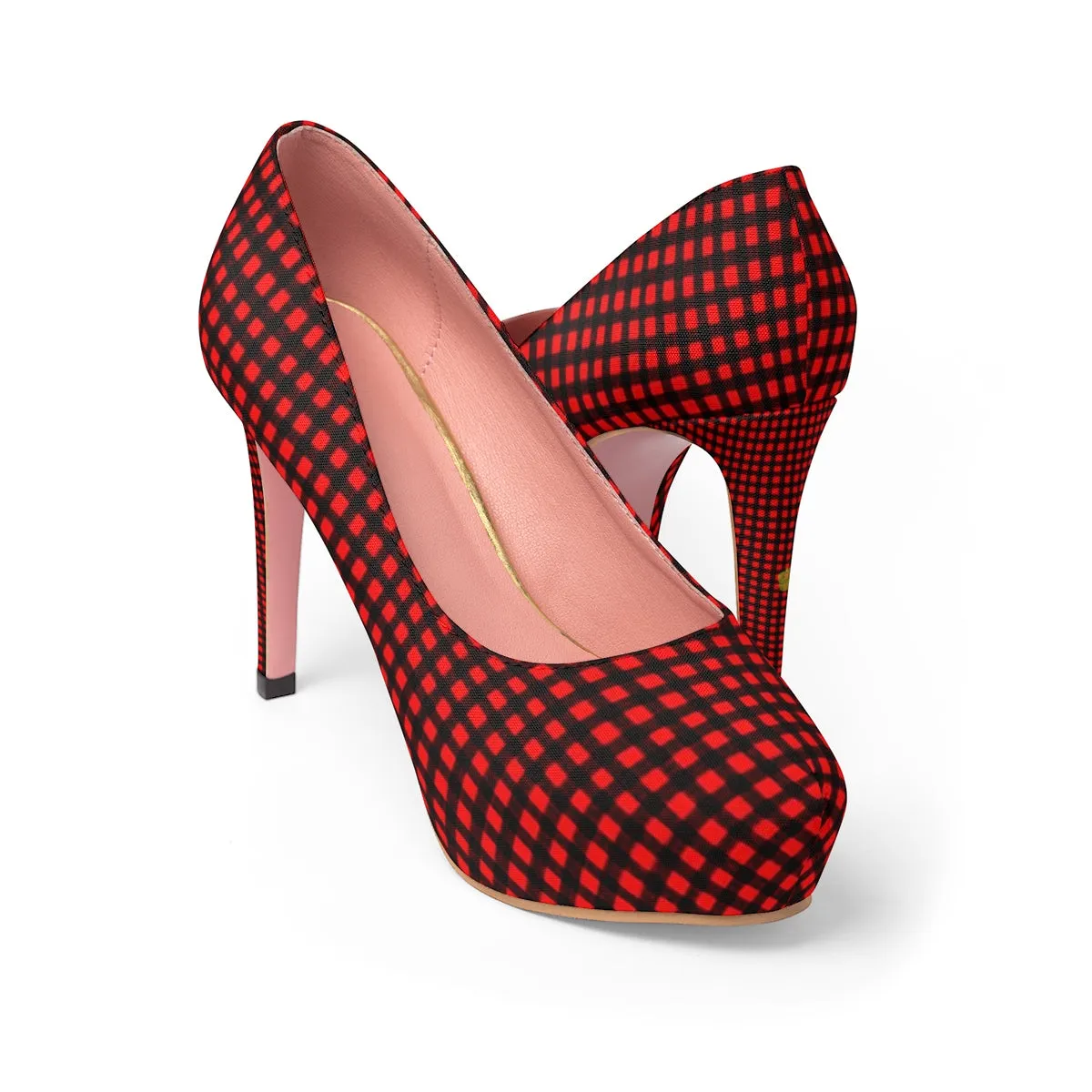 Red Black Buffalo Print Pumps, Plaid Print Women's Platform Heels Stiletto Pumps (US Size: 5-11)