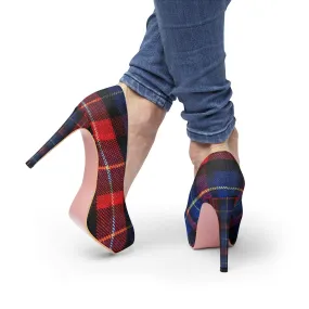 Red Blue Plaid Heels, Tartan Print Women's 4" Platform Heels Pumps Shoes (US Size 5-11)