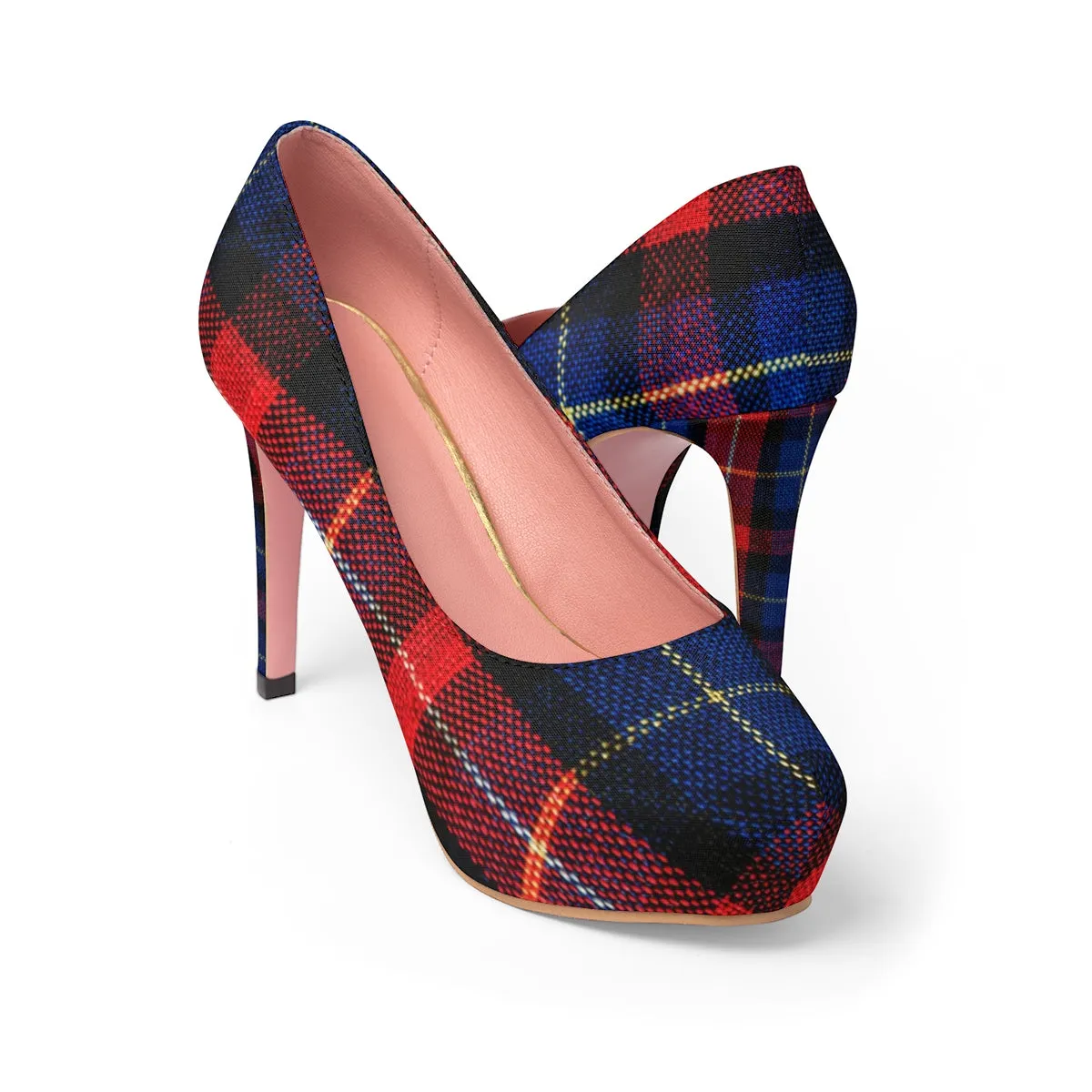 Red Blue Plaid Heels, Tartan Print Women's 4" Platform Heels Pumps Shoes (US Size 5-11)